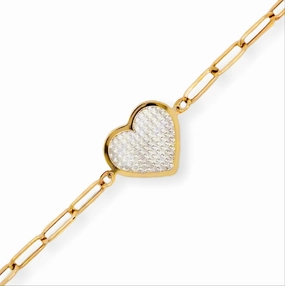 14k Gold Paperclip Bracelet With Center Two Tone Diamond Cut Heart Bold Design