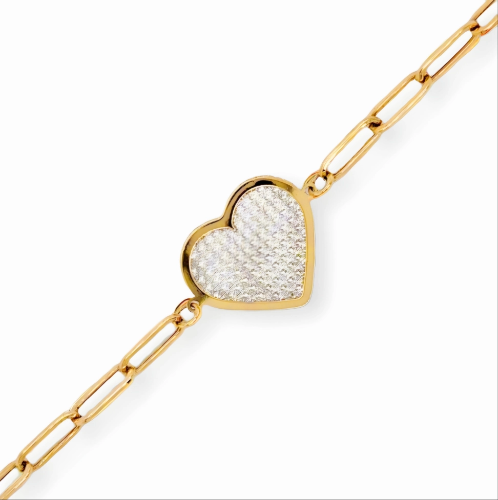 14k Gold Paperclip Bracelet With Center Two Tone Diamond Cut Heart Bold Design