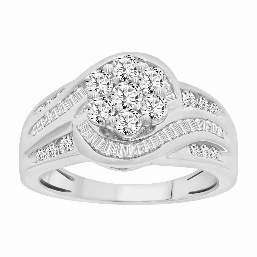 LADIES RING 1.00CT ROUND/BAGUETTE DIAMOND 10K WHITE GOLD All Day Look