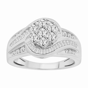 LADIES RING 1.00CT ROUND/BAGUETTE DIAMOND 10K WHITE GOLD All Day Look