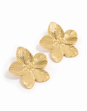 Easy Style Evening Glow Waterproof Gold Plated Stainless Steel Textured Flower Stud Earrings