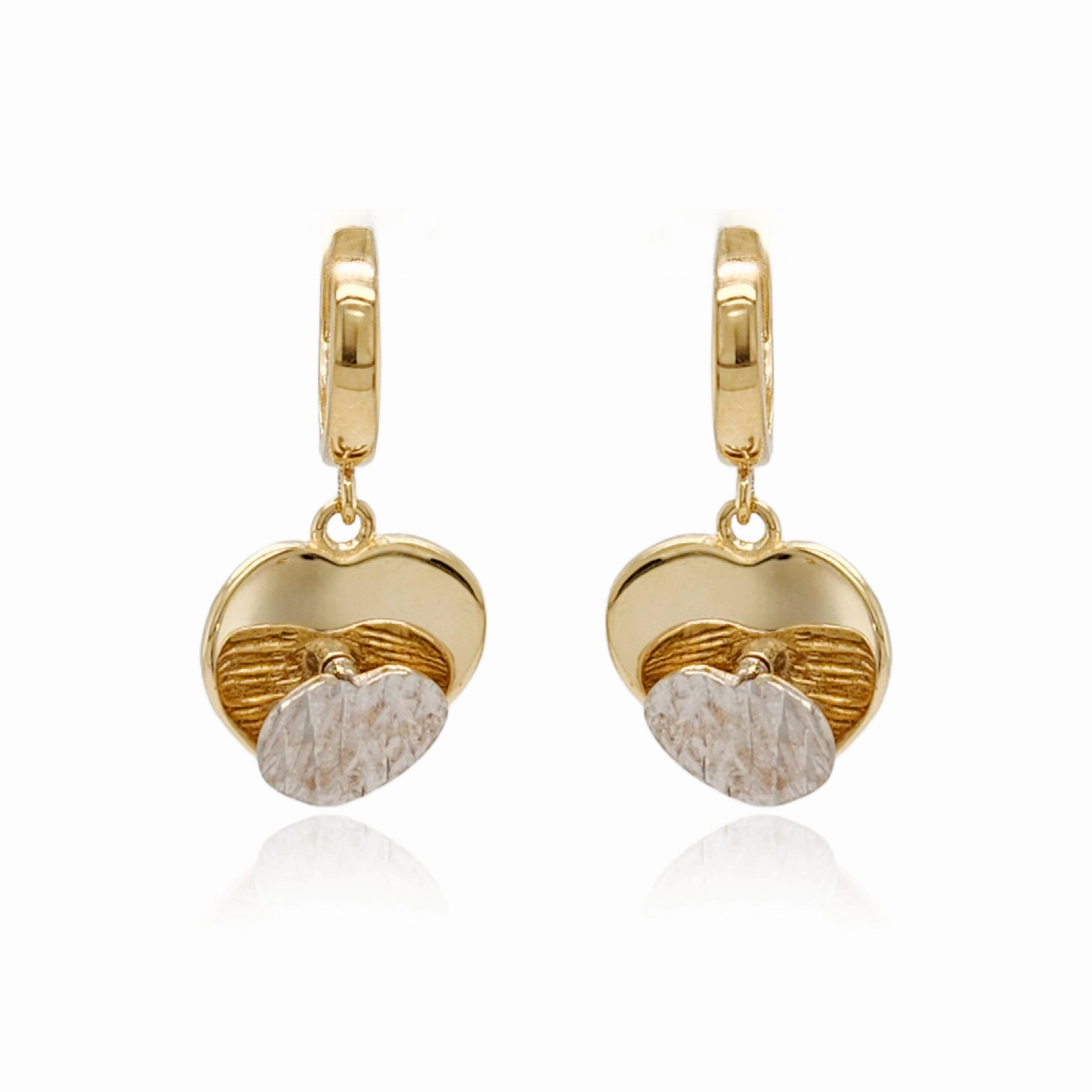 Cozy Mood Chic Shape 14k Gold Diamond Cut Diamond Cut Rhodium Heart on Shiny Gold Heart Hoop Earring