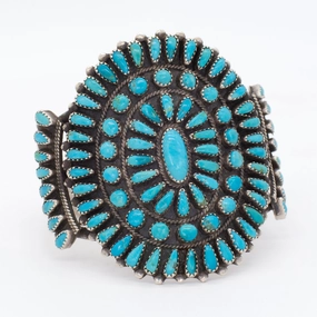 Navajo Handmade Sterling Silver Turquoise Petit Point Cuff Bracelet (Hallmark Unknown) Shiny Jewelry Design Vivid Edge