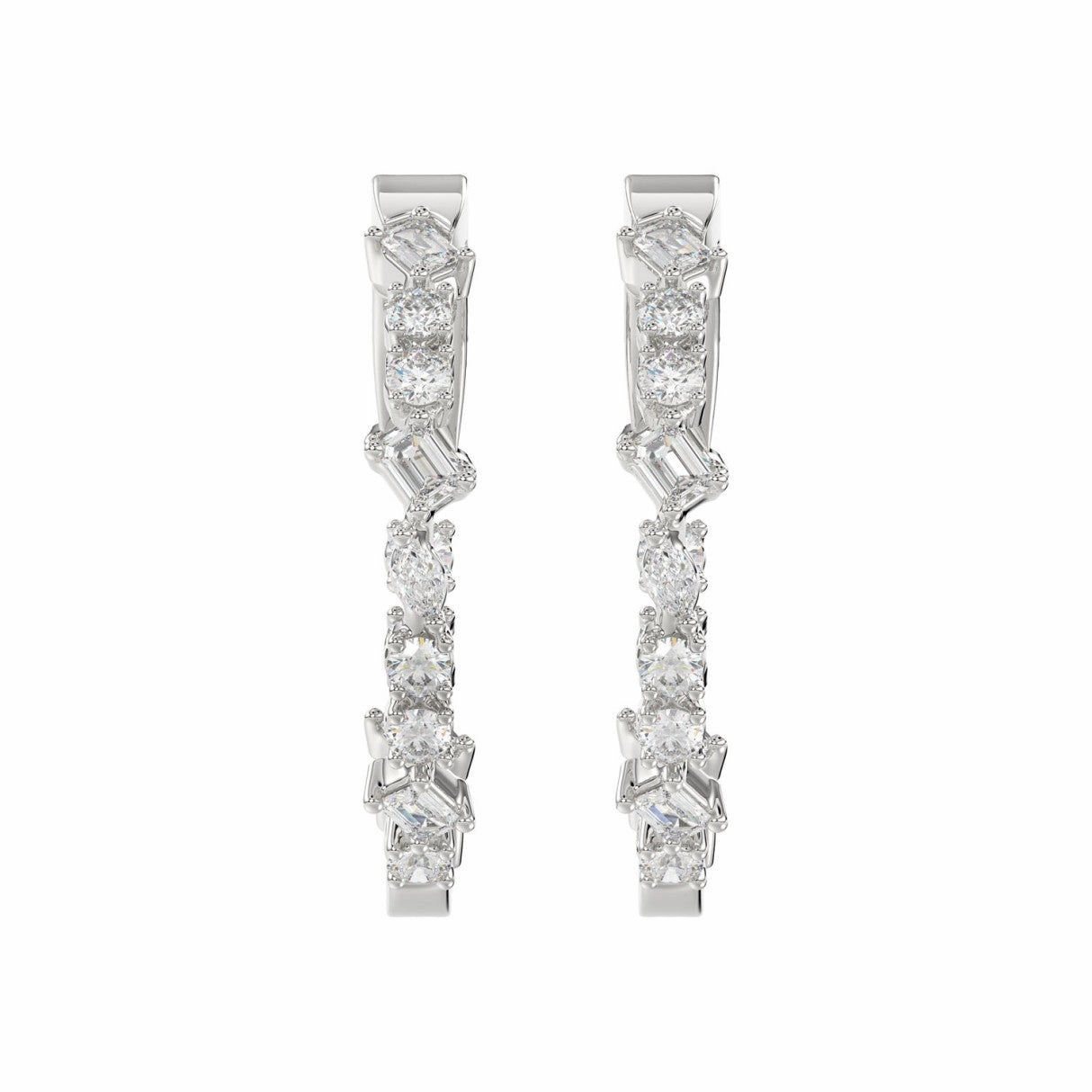 LADIES HOOP EARRINGS 2 1/2CT ROUND/EMERALD/MARQUISE DIAMOND 14K WHITE GOLD Refined Elegance