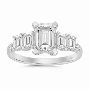 LADIES RING 2CT ROUND/EMERALD DIAMOND 14K WHITE GOLD Sleek Glow Glossy Look