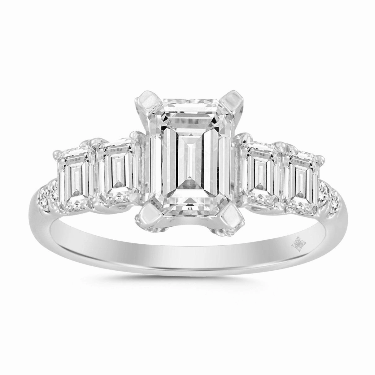 LADIES RING 2CT ROUND/EMERALD DIAMOND 14K WHITE GOLD Sleek Glow Glossy Look