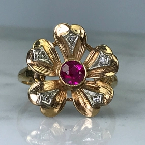 Versatile Accessory Glamorous touch Vintage Ruby Diamond Flower Ring. 10K Solid Gold. July Birthstone. 15th Anniversary. Estate Jewelry