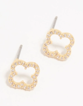 Gold Plated Cubic Zirconia Flower Outline Stud Earrings Gleaming Highlight