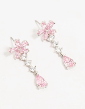 Radiant Spark Delicate Flash Silver Plated Pink Cubic Zirconia Flower Teardrop Stud Earrings