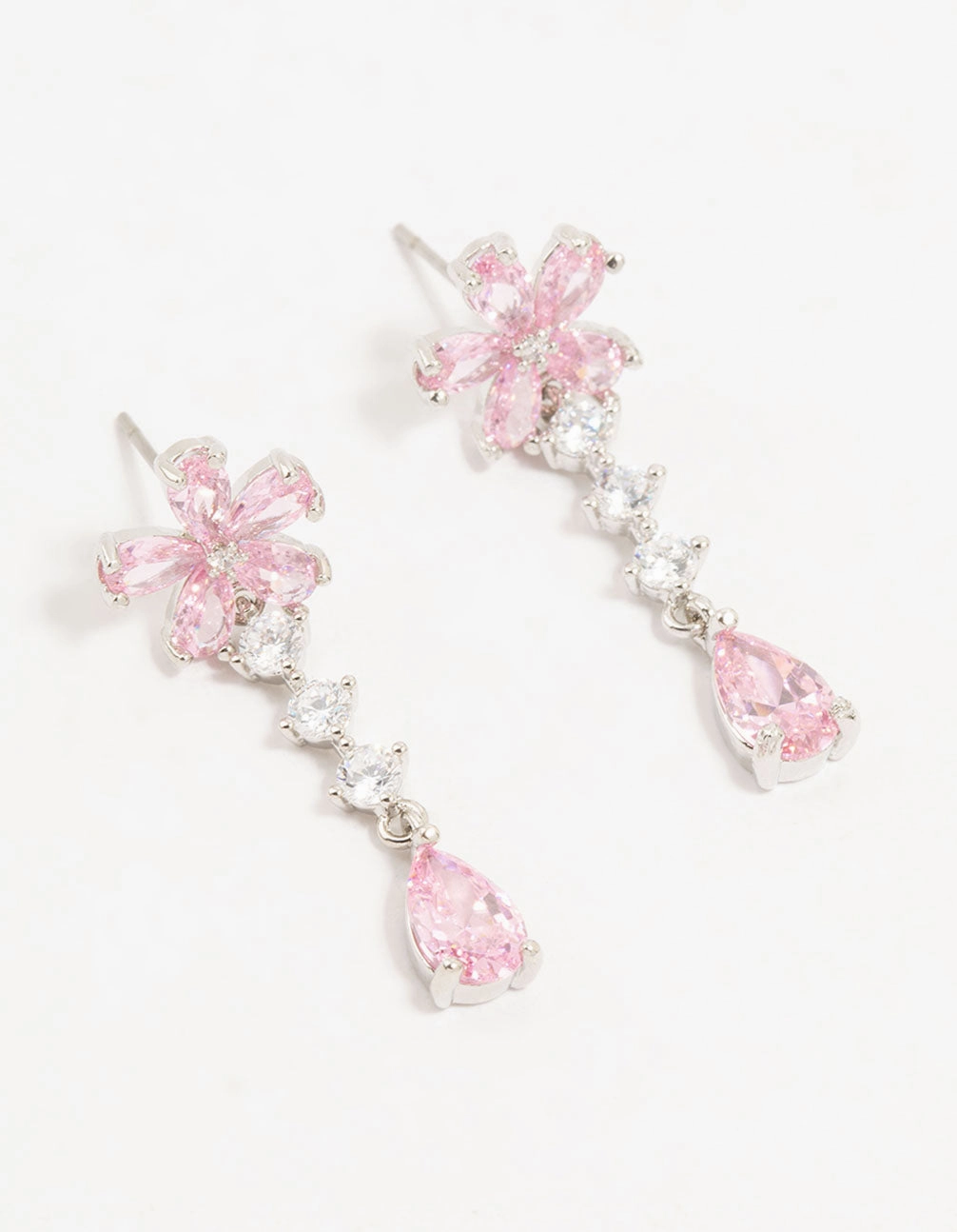 Silver Plated Pink Cubic Zirconia Flower Teardrop Stud Earrings Gleaming Shine