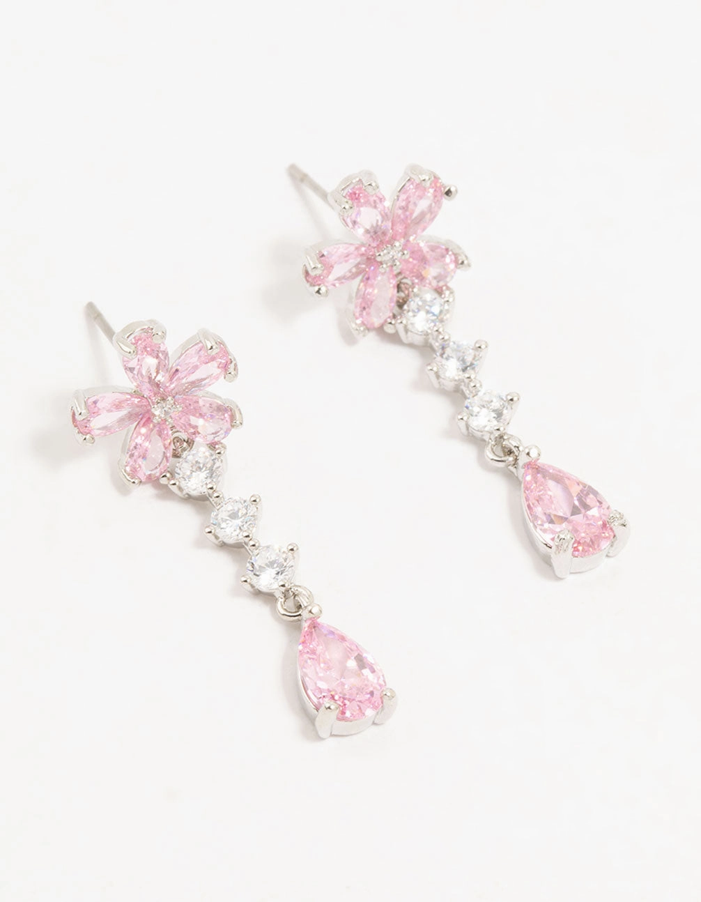 Radiant Spark Delicate Flash Silver Plated Pink Cubic Zirconia Flower Teardrop Stud Earrings