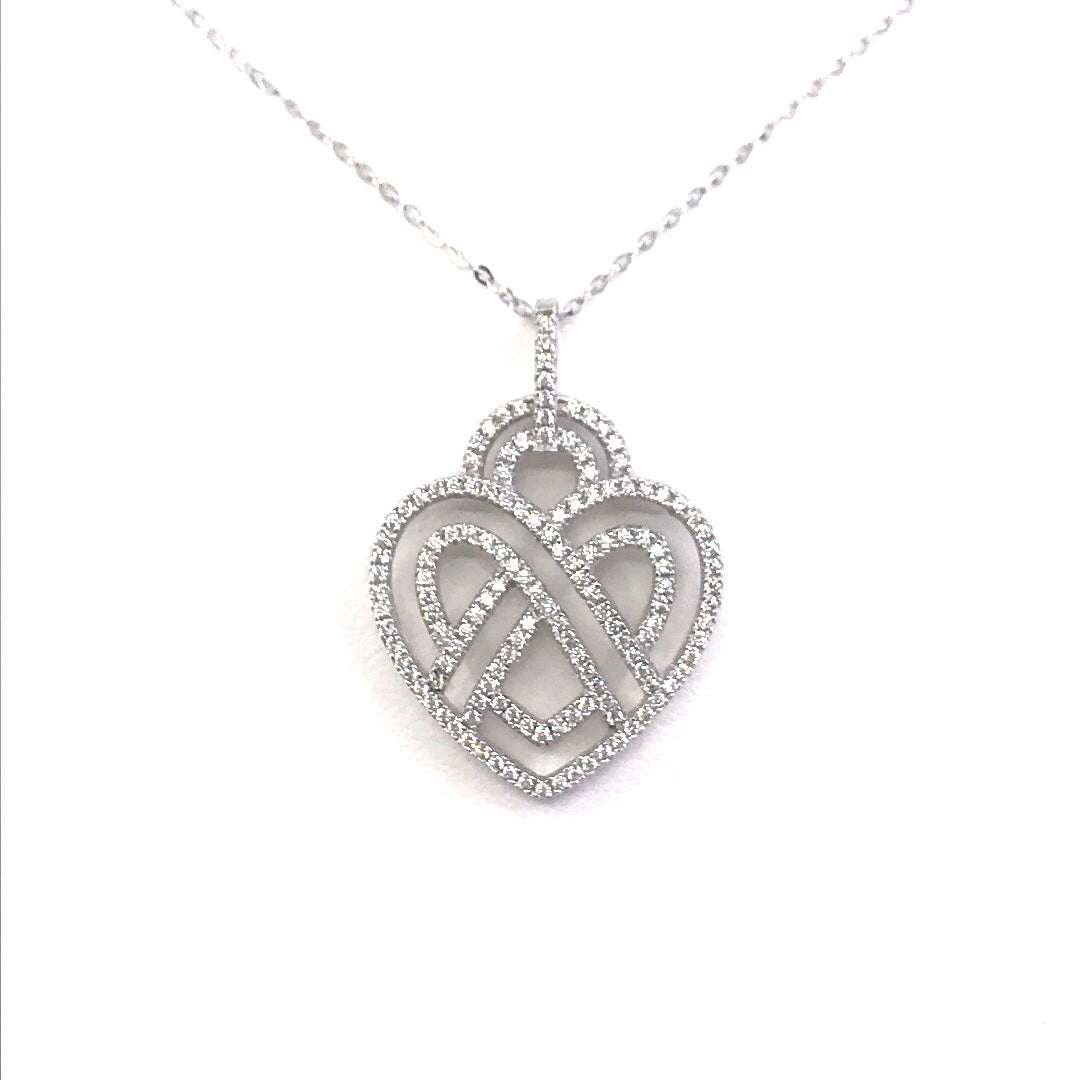 Textured Detail Flat Lay Rhodium Plated Sterling Silver Heart CZ Multicolor Pendant Necklace