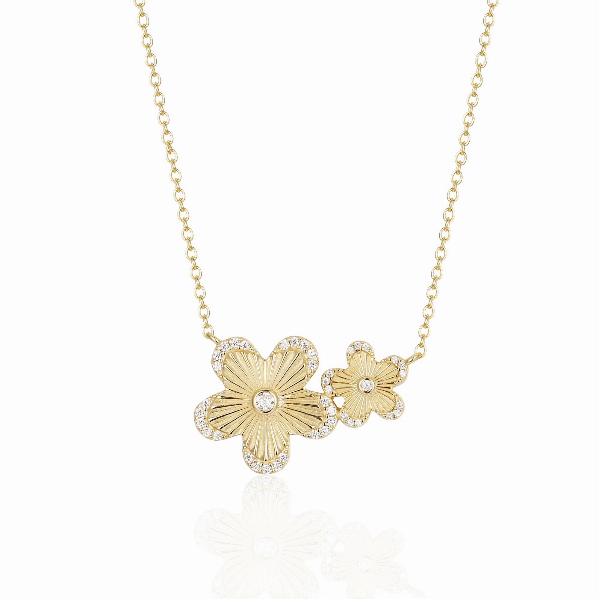 Sterling Silver Gold Plated Double Flower With CZ Border Necklace Bold Statement Minimal Touch