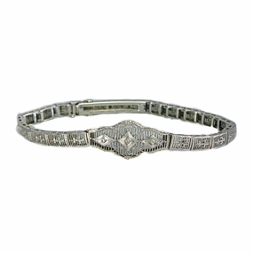 Elegant Craft Trend Focus Art Deco Diamond Bracelet. 10K White Gold Filigree Link Bracelet. April Birthstone.