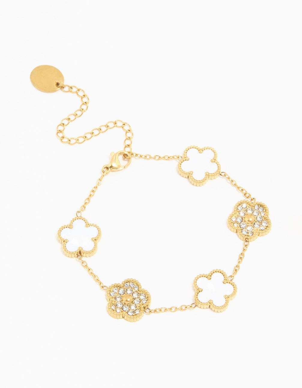 Dynamic Design Polished Look Waterproof Gold Plated Stainless Steel Diamante & Inlay Flower Charm Bracelet