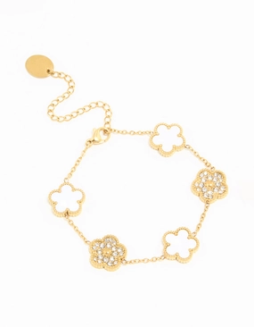 Opulent Shine Waterproof Gold Plated Stainless Steel Diamante & Inlay Flower Charm Bracelet