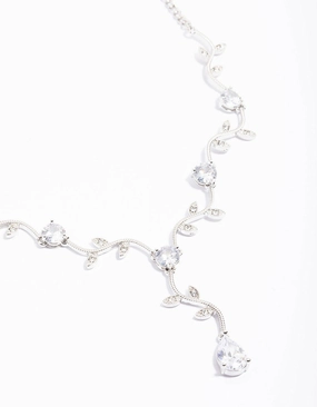 Lifestyle Fit Chic Detail Silver Cubic Zirconia Floral Teardrop Y-Shape Necklace