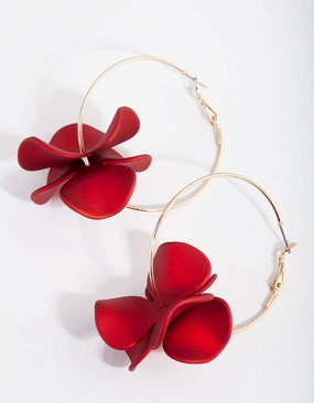 Gold Red Pearlised Flower Hoop Earrings Beautiful finish