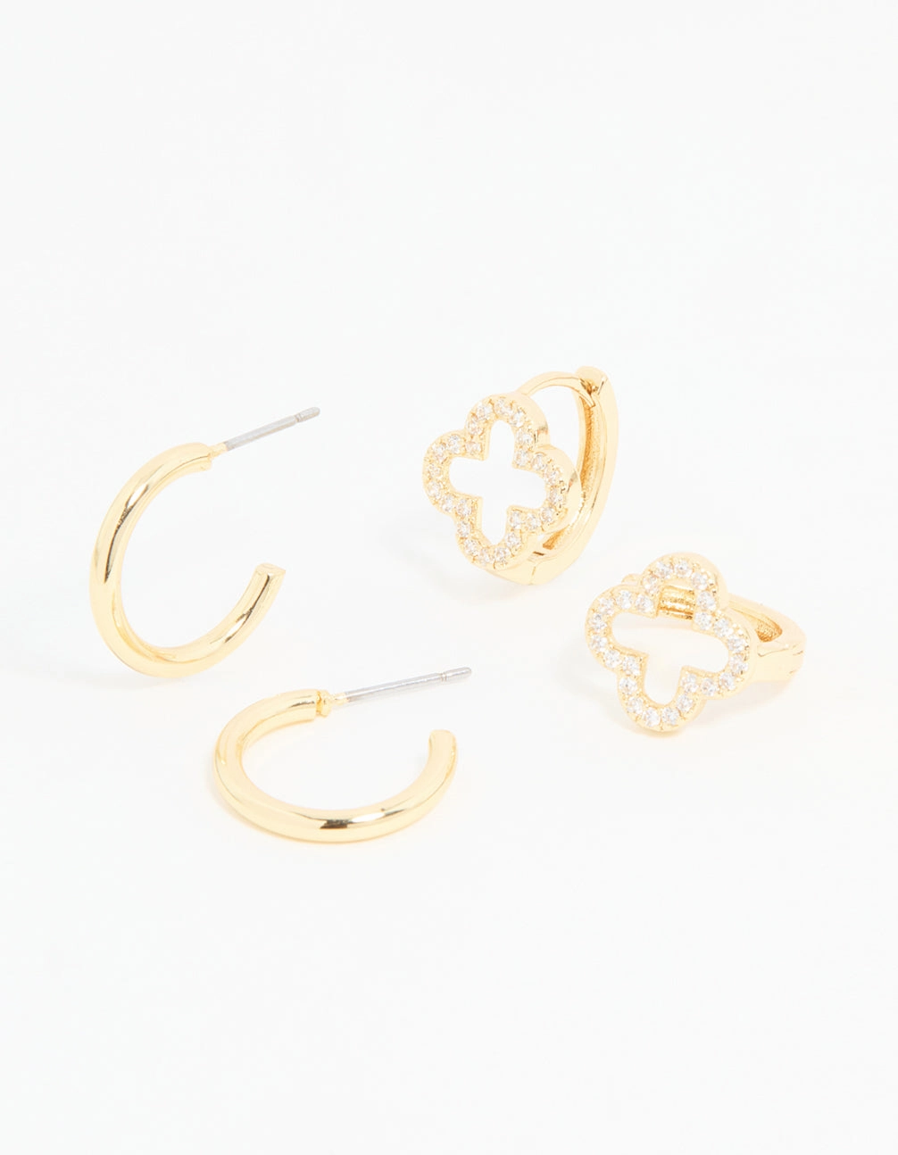Gold Plated Cubic Zirconia Flower & Plain Huggie Earrings 2-Pack Sparkle Vibe
