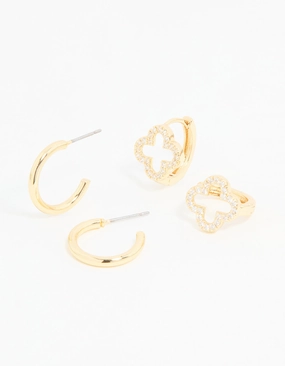 Gold Plated Cubic Zirconia Flower & Plain Huggie Earrings 2-Pack Sparkle Vibe