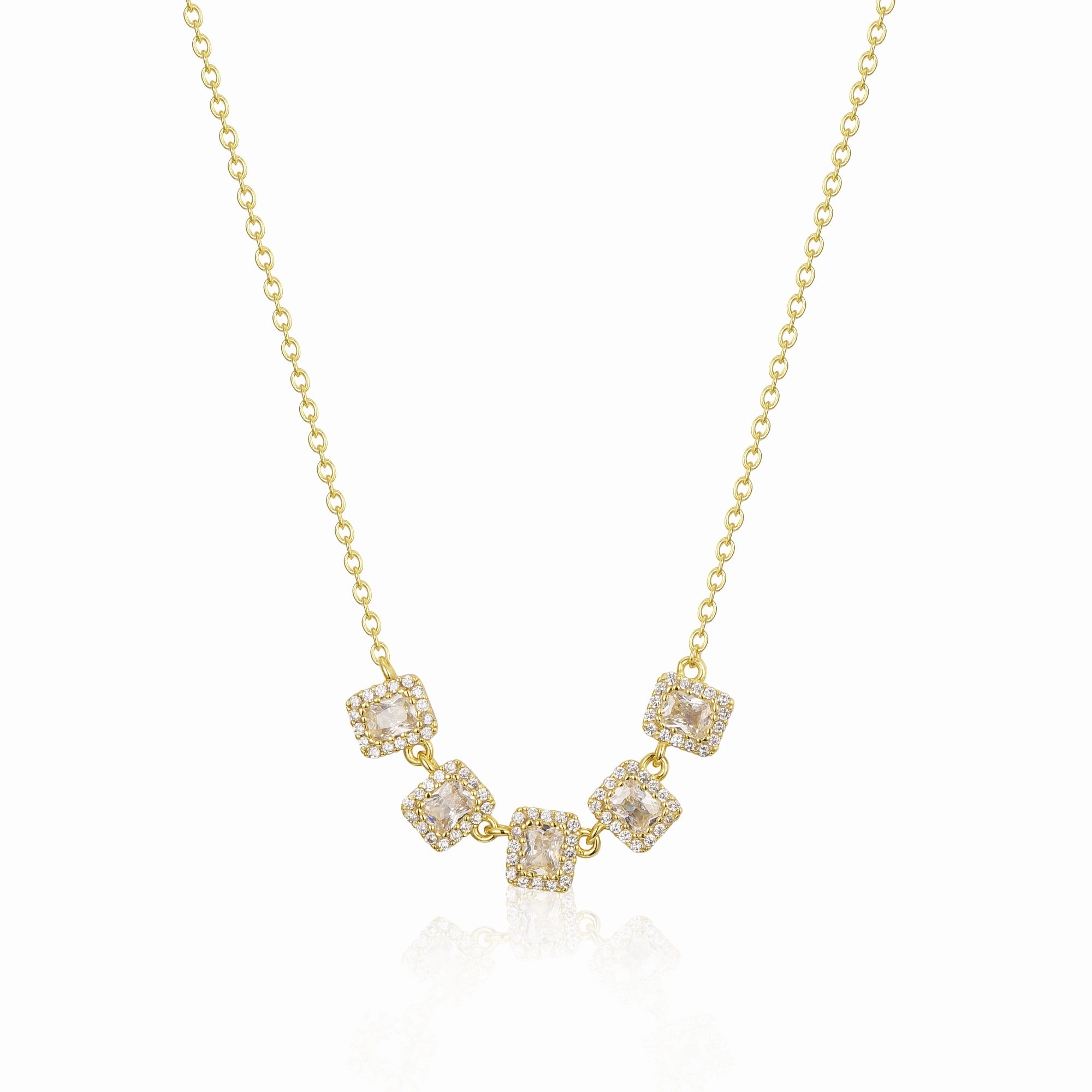 Bridal Accent Sparkling Detail Sterling Silver 5 Halo Emerald Cut Stone Bar Necklace