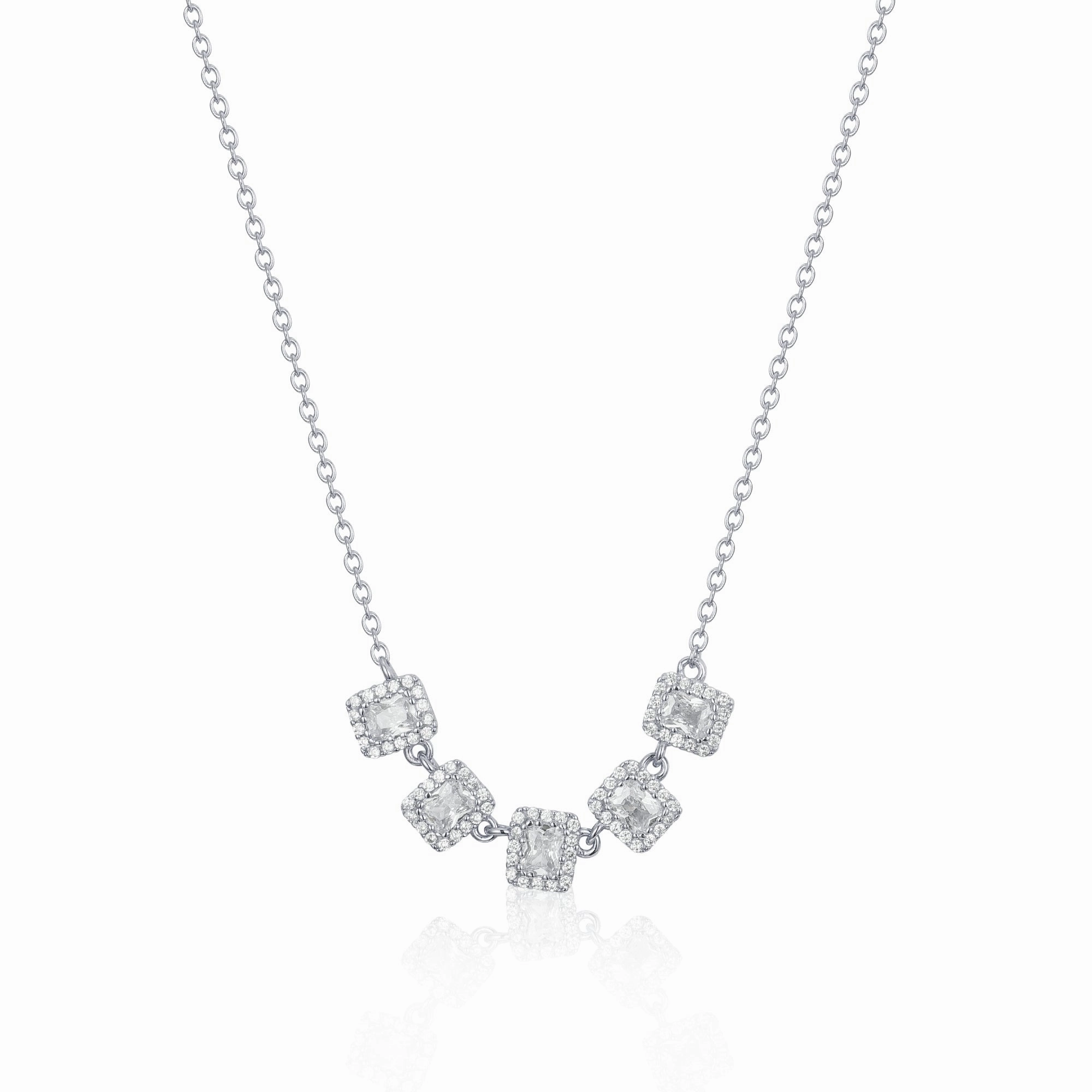 Sterling Silver 5 Halo Emerald Cut Stone Bar Necklace Luxe style