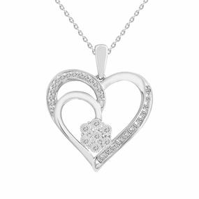 LADIES PENDANT 0.10CT ROUND/BAGUETTE DIAMOND 10K WHITE GOLD Party Favorite Luxury Aura