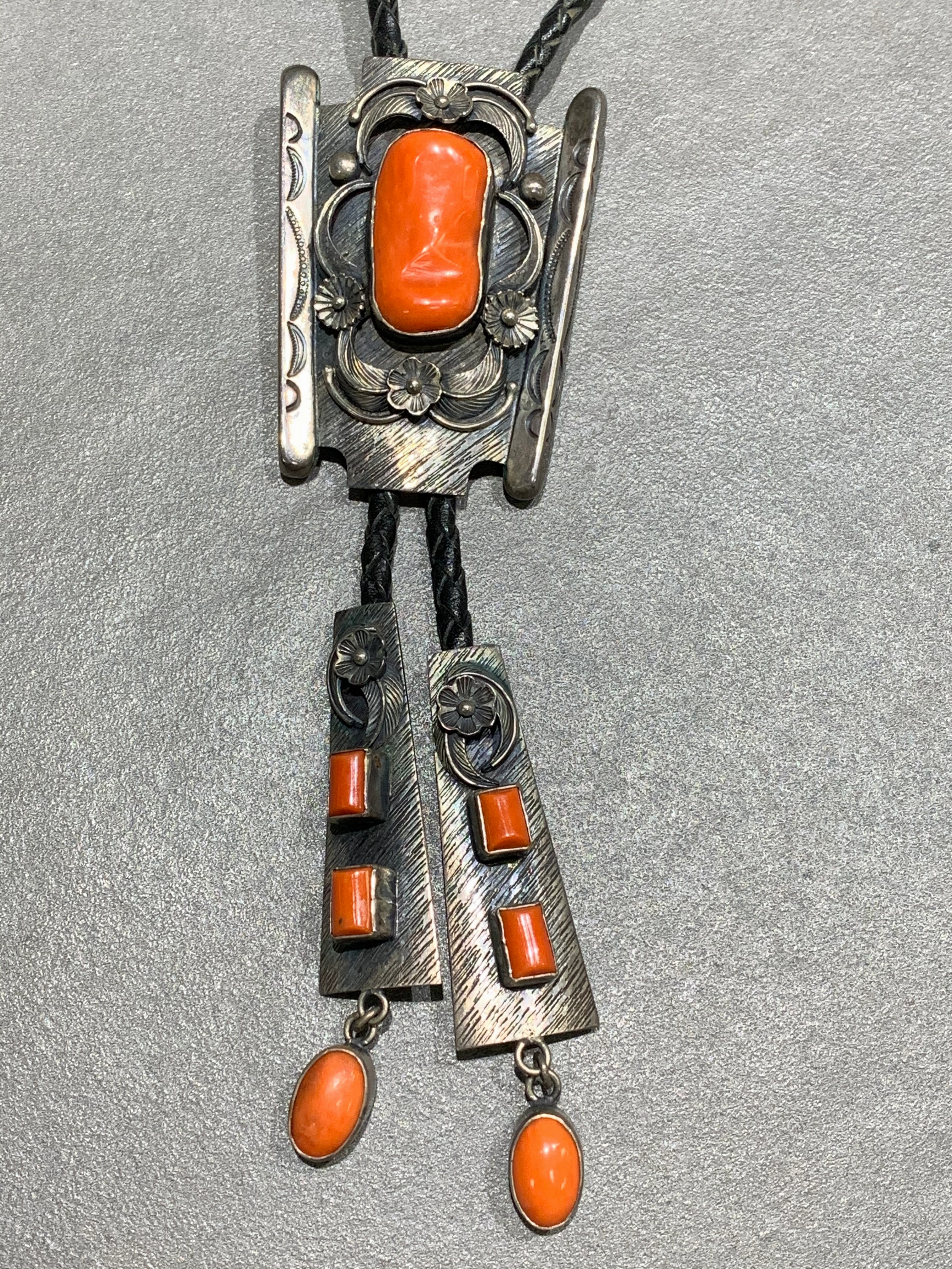 Textured Finish Gary G Johnson Navajo Natural Mediterranean Coral S terling Silver Bolo