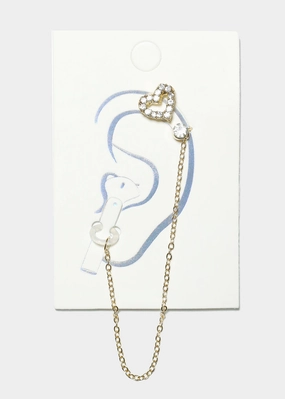 Radiant Radiance Polished Elegance Gemstone Studded Heart Cuff Earring with Earphone Chain Holder