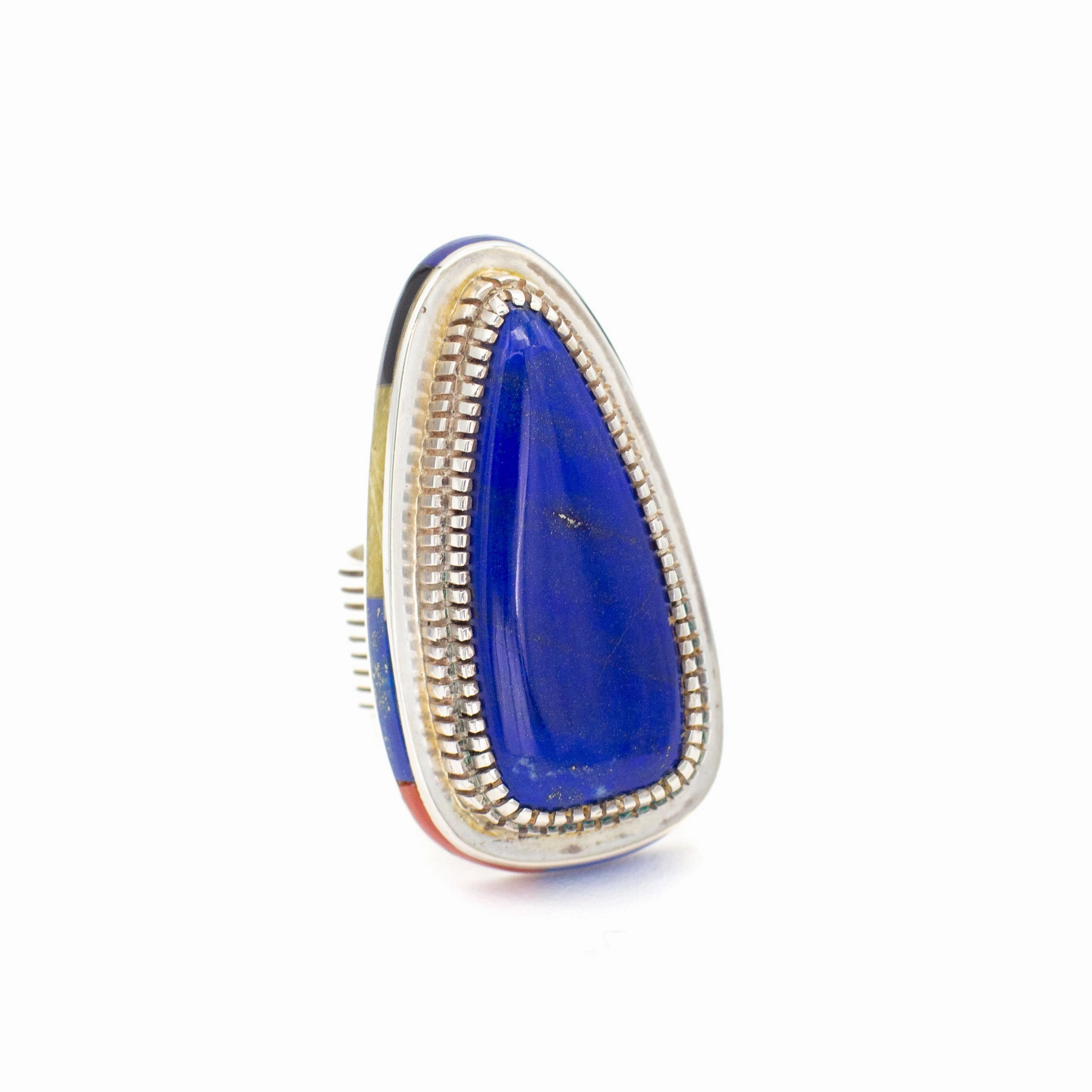Gibson Nez Navajo Handmade Sterling Silver Lapis Coral Serpentine Ring Showstopper Look Sleek Craft