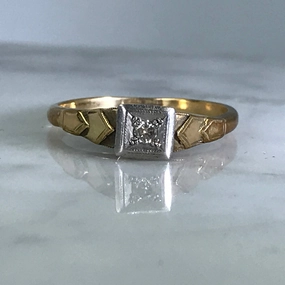 Daily Accessories Art Deco Diamond Promise Ring. 18K Gold and Platinum Setting. April Birthstone. 10 Year Anniversary.