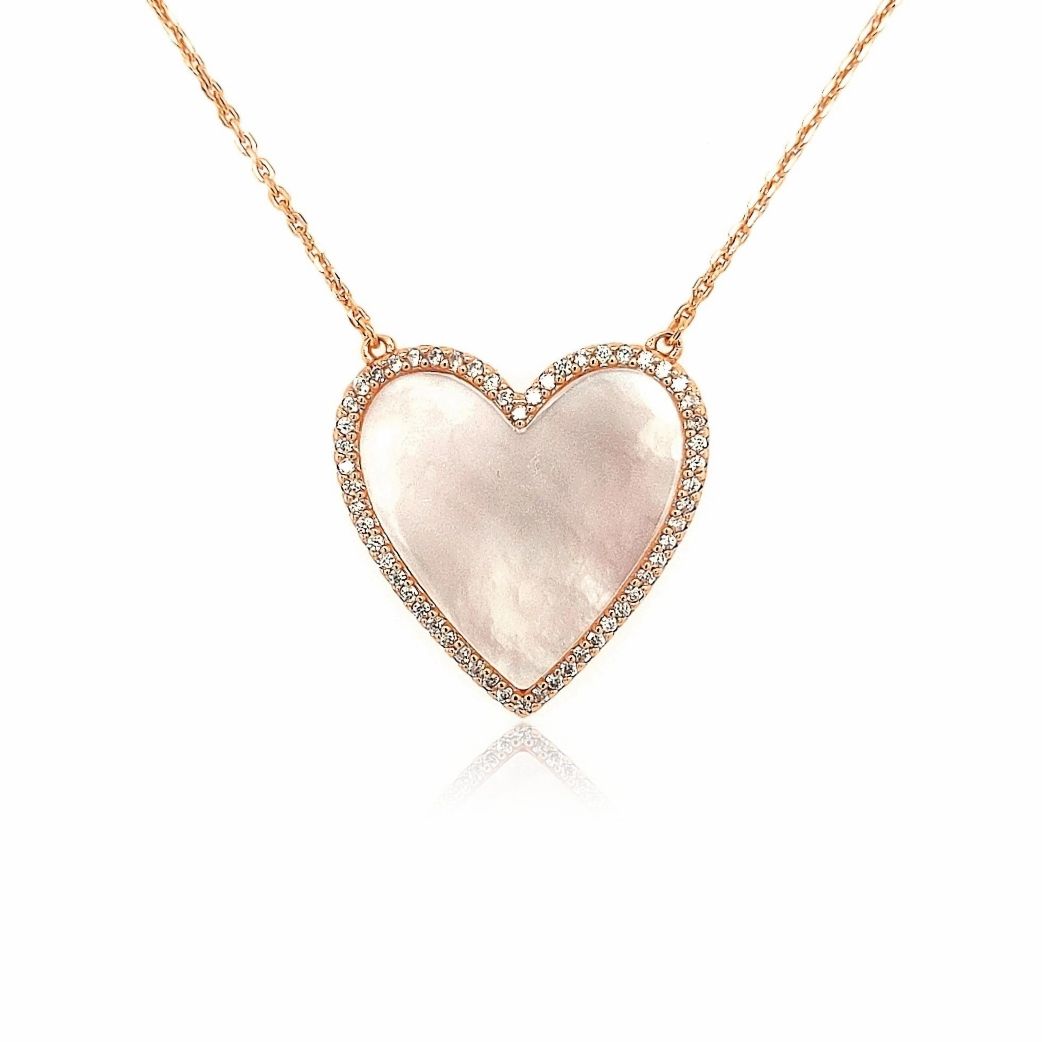 Creative Glance Showstopper Look Sterling Silver Mother of Pearl Heart With CZ Border Necklace