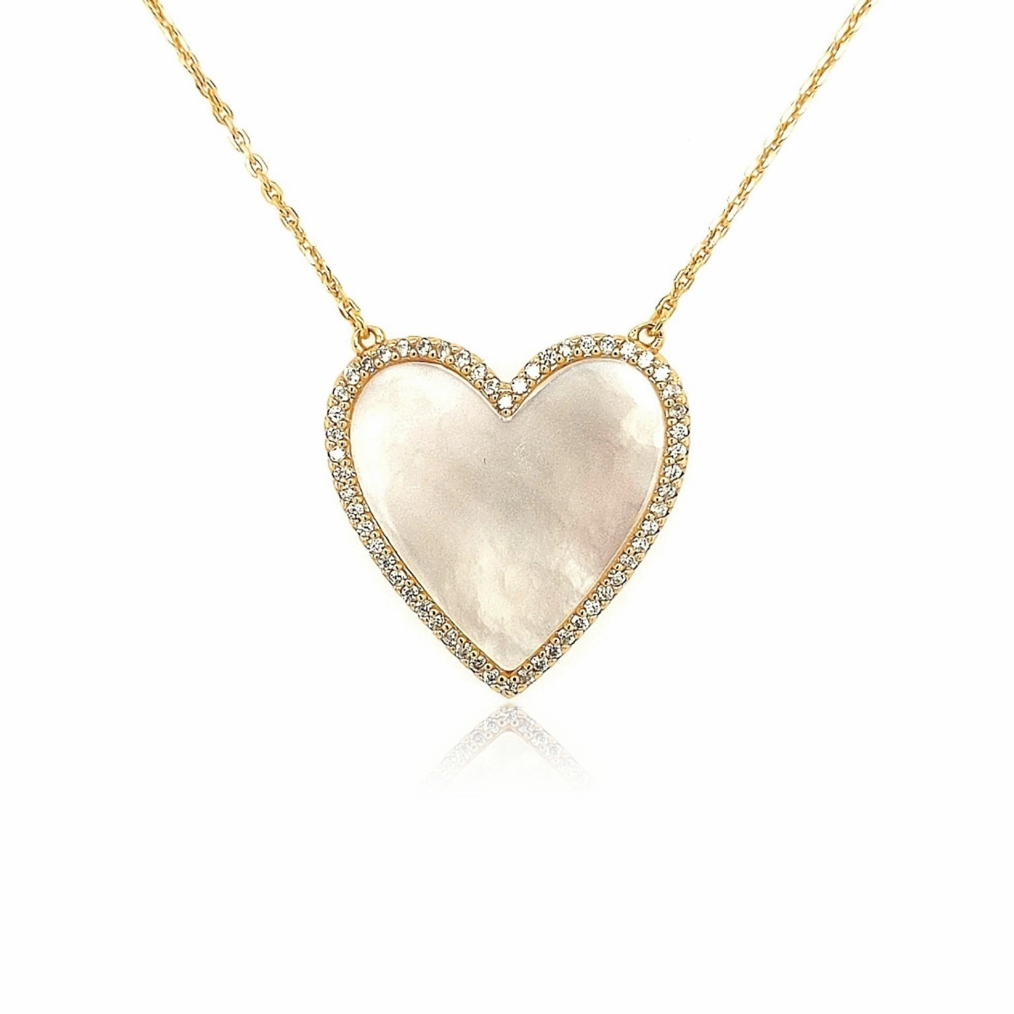 Sterling Silver Mother of Pearl Heart With CZ Border Necklace Timeless Accessory Vogue Touch