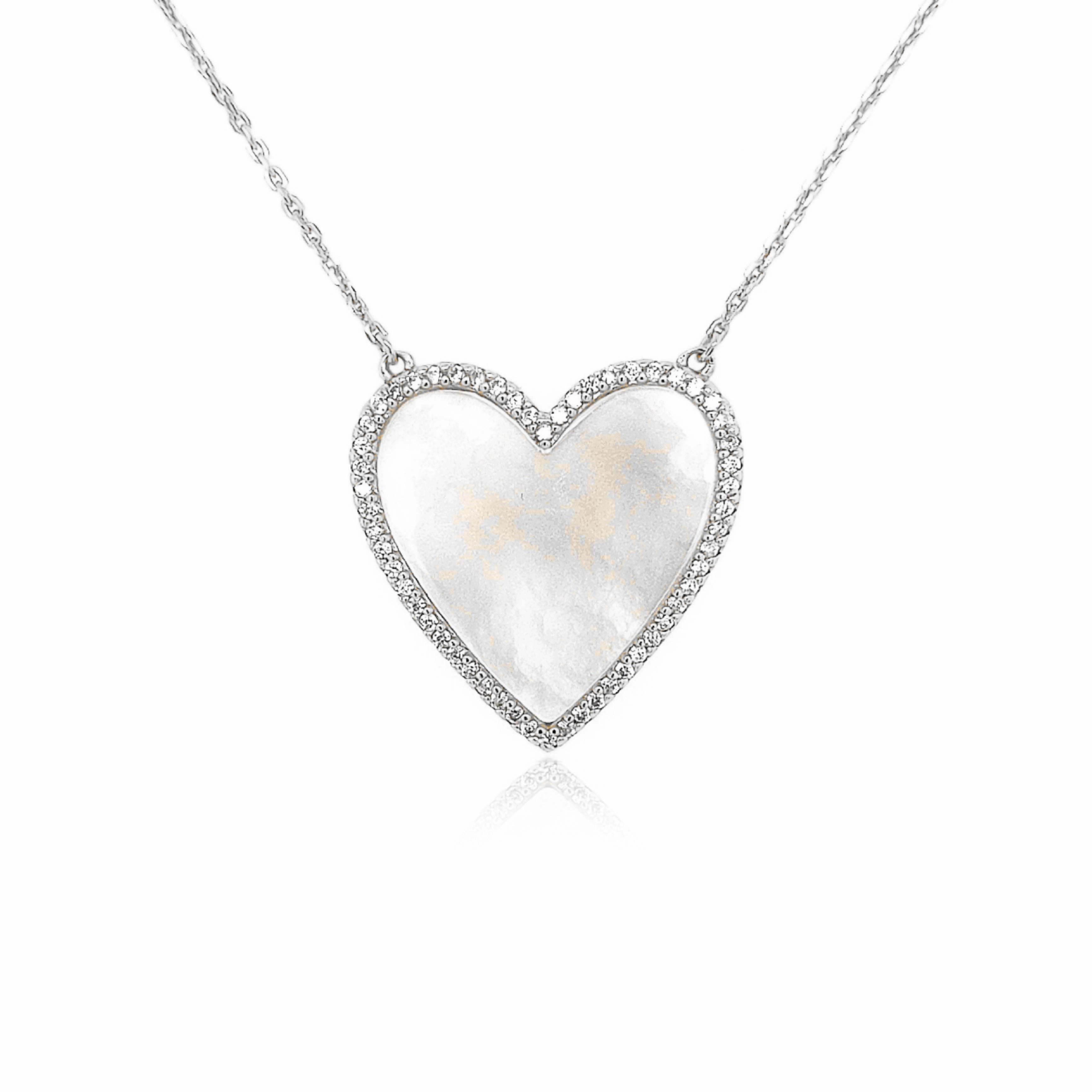 Special Occasion Bridal Vibe Sterling Silver Mother of Pearl Heart With CZ Border Necklace