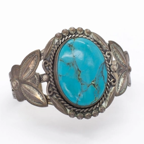 Fred Harvey Navajo Handmade Sterling Silver Turquoise Cuff Bracelet Luminous Touch Flat Detail