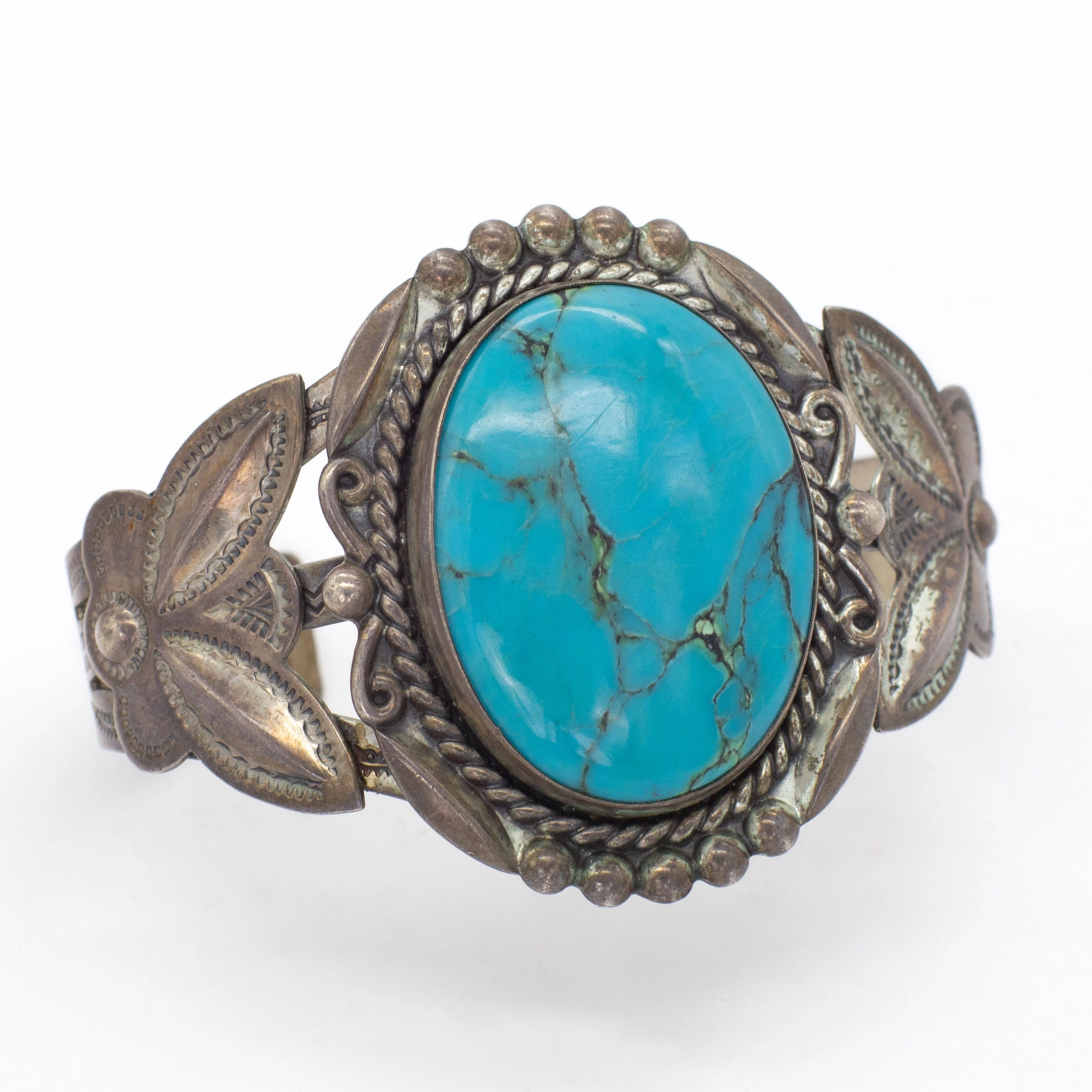 Fred Harvey Navajo Handmade Sterling Silver Turquoise Cuff Bracelet Luminous Touch Flat Detail