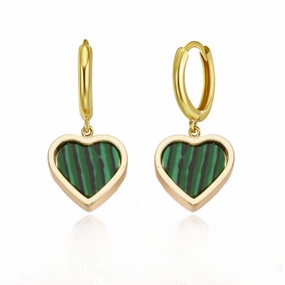 Lustrous Touch Special Look Gold Plated Malachite Framed Heart Surgical Steel Earrings