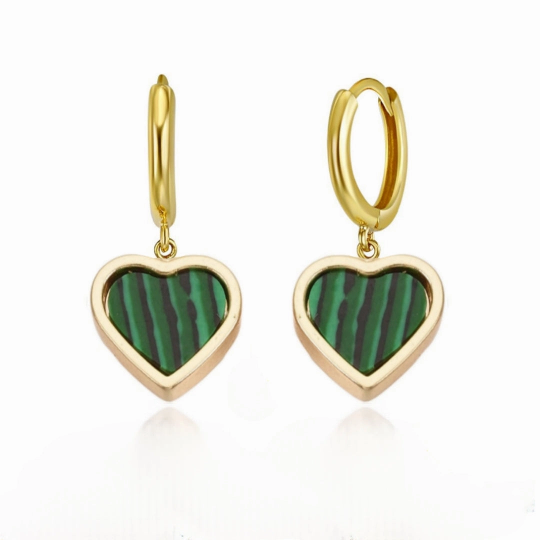Lustrous Touch Special Look Gold Plated Malachite Framed Heart Surgical Steel Earrings