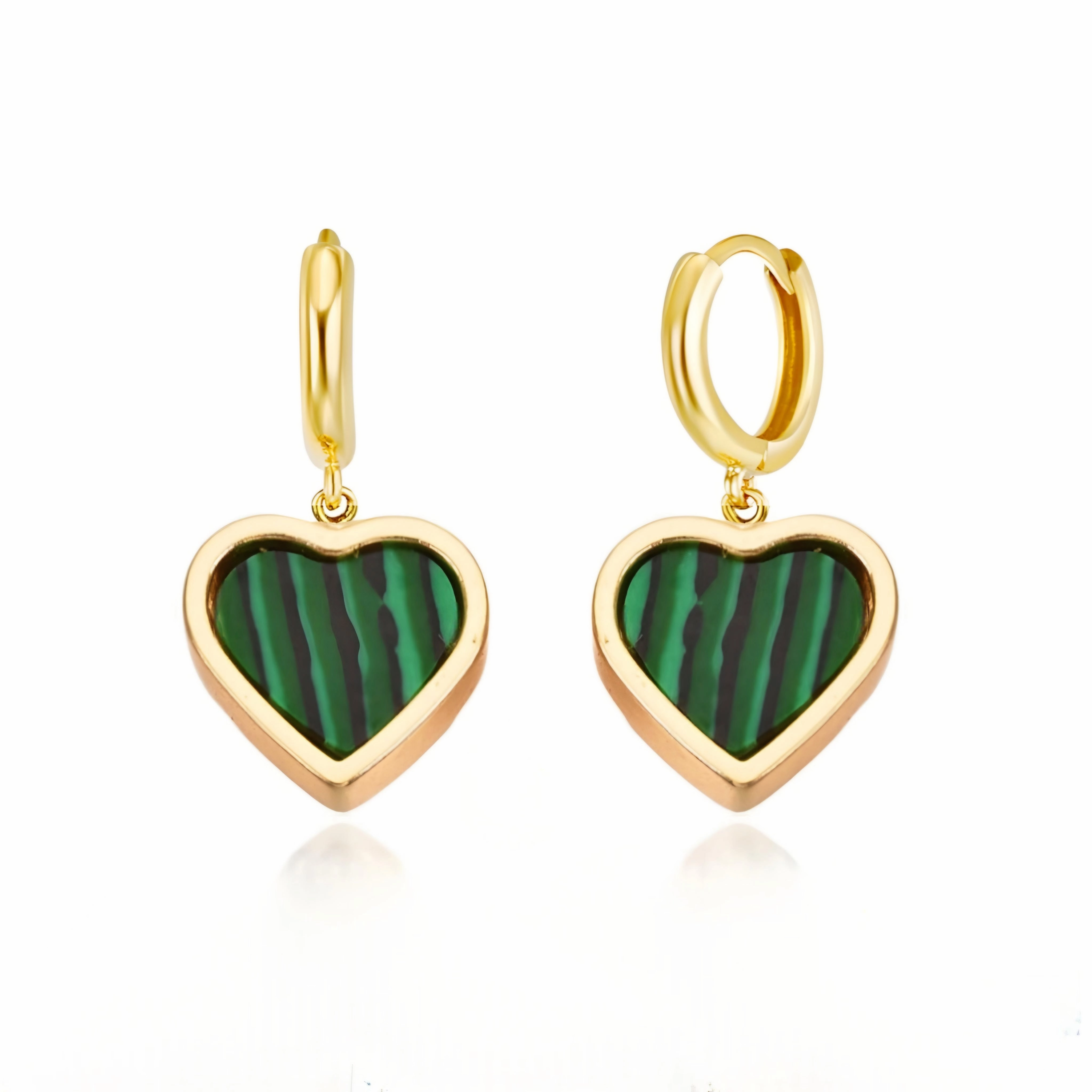 Neutral Vibe Luminous Accent Gold Plated Malachite Framed Heart Surgical Steel Earrings