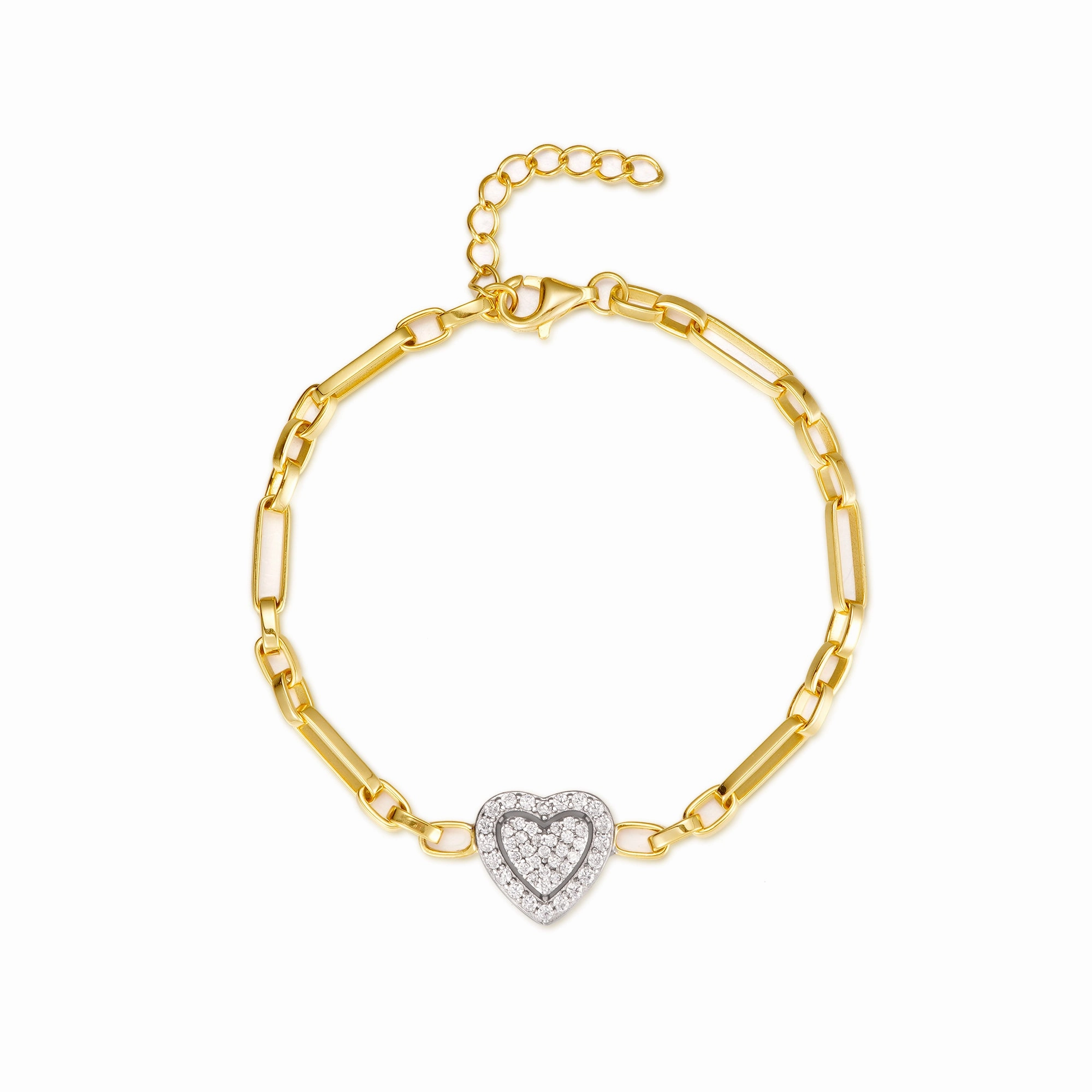 Gold-plated Sterling Silver Link Chain With Center CZ Heart Bracelet Sparkle Style