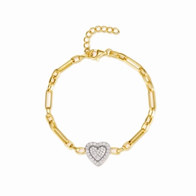 Gold-plated Sterling Silver Link Chain With Center CZ Heart Bracelet Sparkle Style