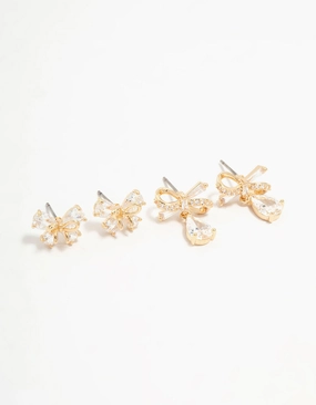 Delicate Glow Gold Cubic Zirconia Bow Stud Earrings 2-Pack