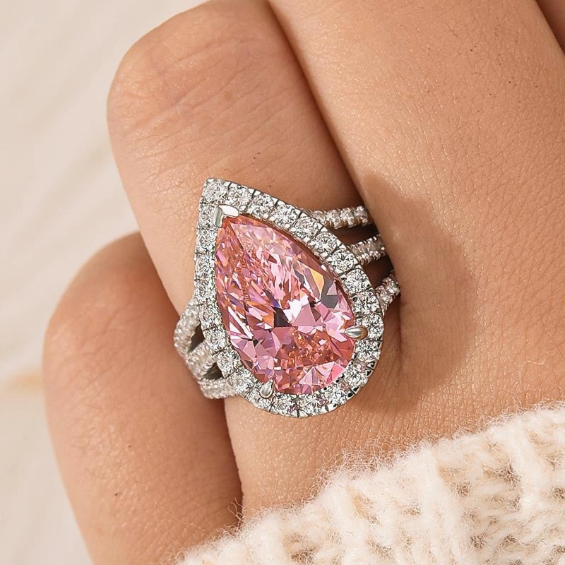 Ancient Style Vintage Split Shank Halo 4.5Ct Pear Cut Pink Engagement Ring In Sterling Silver