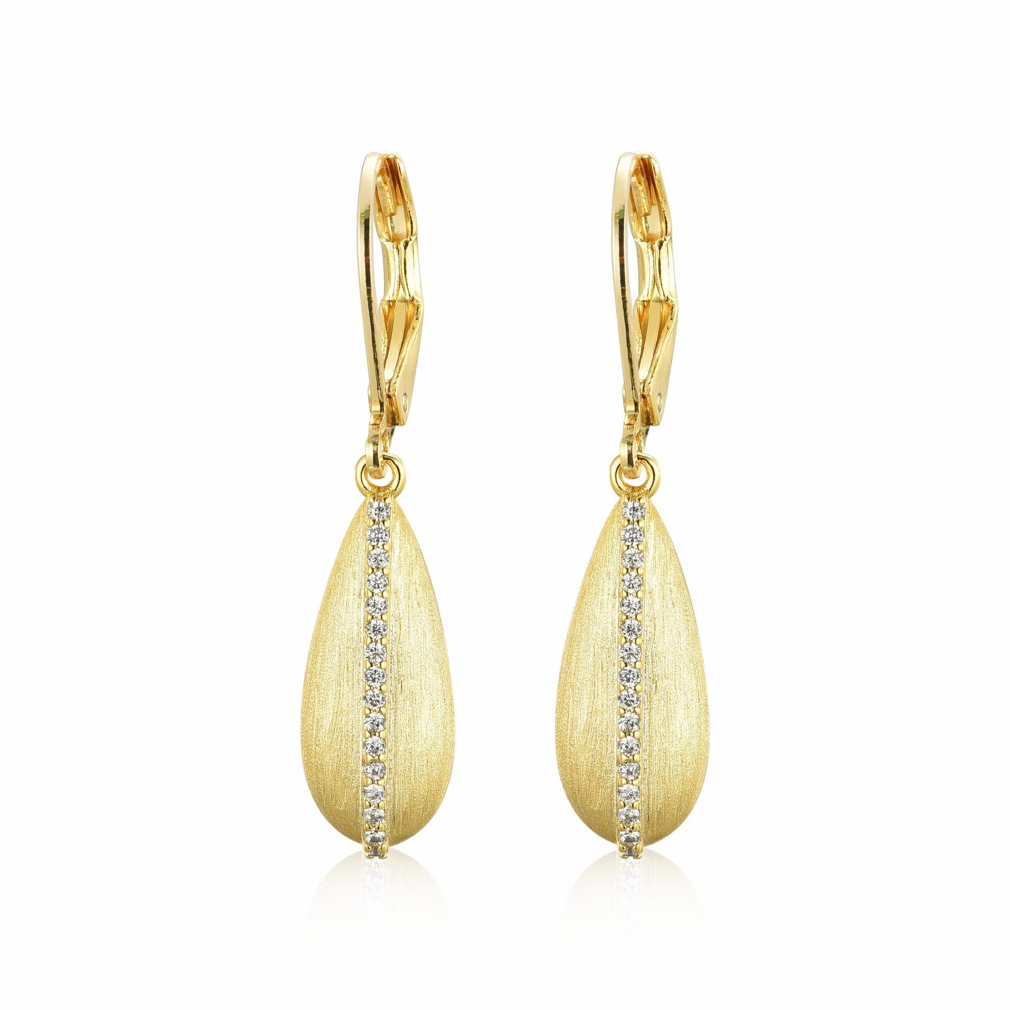 Handcrafted Design Sophisticated Style Gold Plated Surgical Steel Brushed Teardrop With CZ Line Earring
