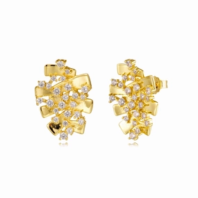 Golden Touch Sterling Silver Gold Plated Wave Sprinkled CZ Stud Earrings