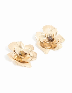 Vivid Edge Shining Edge Worn Gold Tigers Eye Bead Statement Stud Earrings