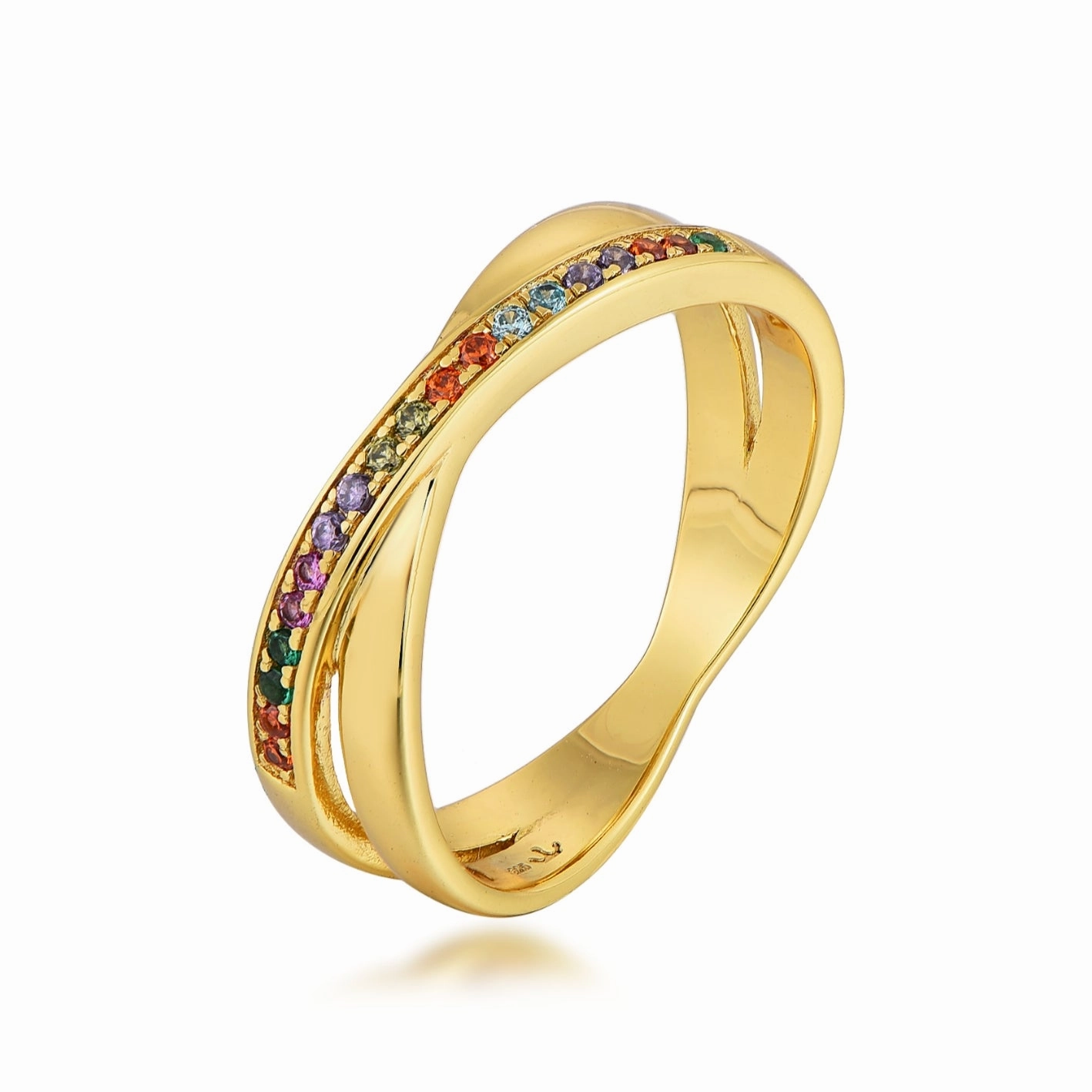 Brilliant Detail Boho Style Gold Plated Sterling Silver Micropave Crossover Multicolor CZ Ring