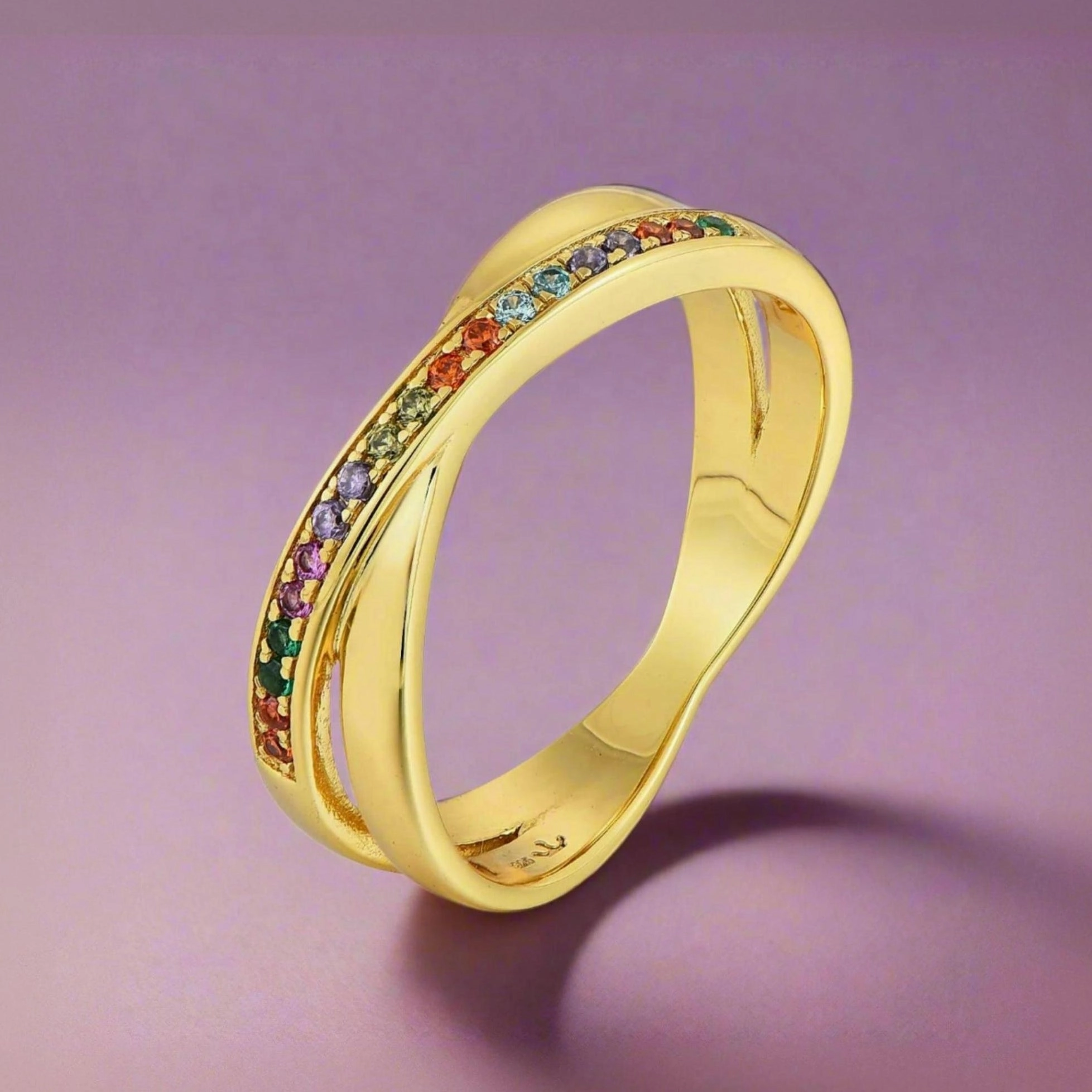 Gold Plated Sterling Silver Micropave Crossover Multicolor CZ Ring Delicate Vibe Elegant Embellishments