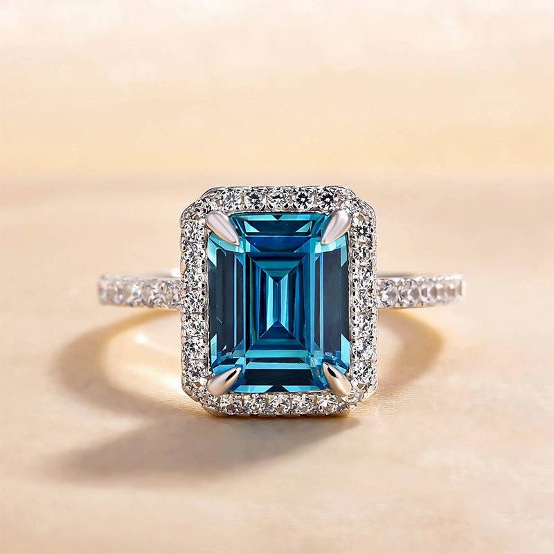 gift set Louily Halo Emerald Cut Light Aquamarine Blue Engagement Ring In Sterling Silver