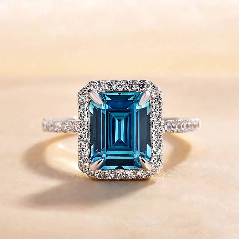 Louily Halo Emerald Cut Light Aquamarine Blue Engagement Ring In Sterling Silver Traditional Look Functional Appearance